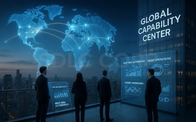 Futuristic Global Capability Center skyscraper with professionals analyzing AR dashboards and a holographic world map showing global GCC connections.