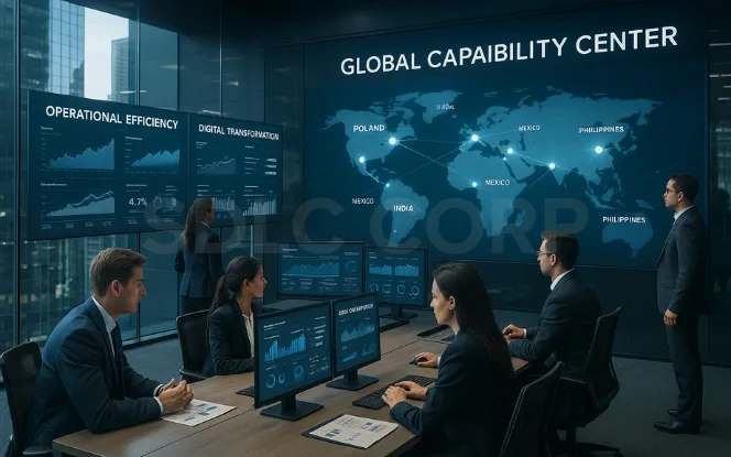 Team inside a Global Capability Center operations room analyzing dashboards on operational efficiency, digital transformation, and cost optimization.