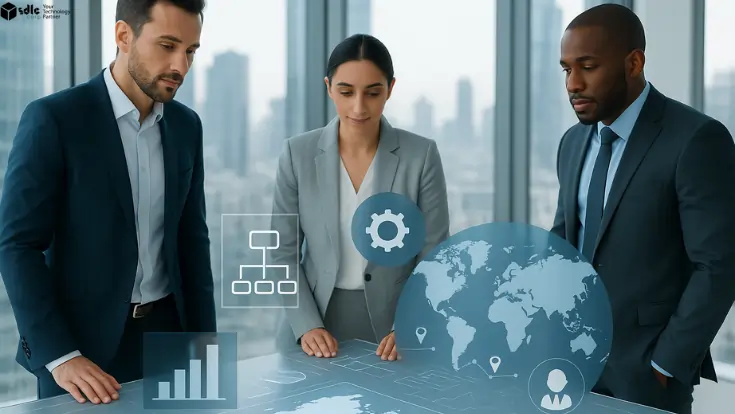 Three business professionals in a modern office analyze a digital display showing global networks, organizational charts, and technology icons, symbolizing Global Capability Centres (GCCs).