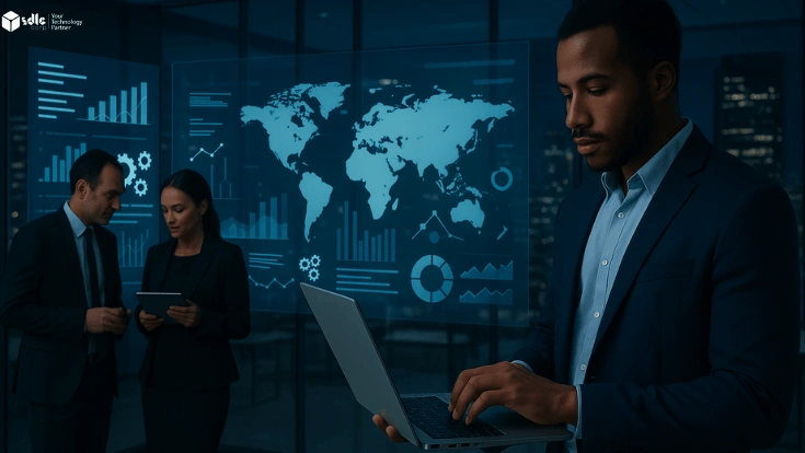 Professionals working in a futuristic innovation hub with holographic world maps, charts, and data projections displayed on glass walls.