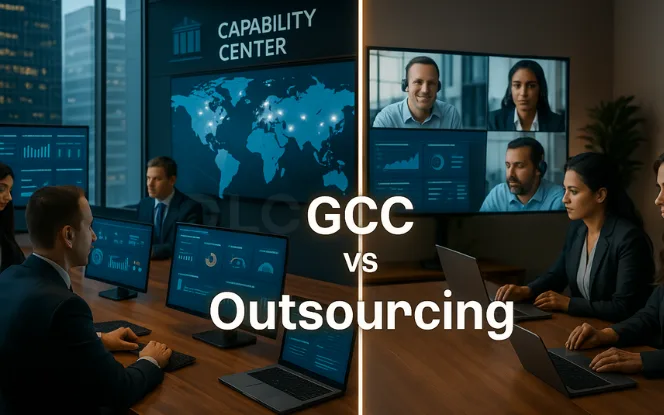 Comparison of Global Capability Center (GCC) and Outsourcing models, showing teams collaborating in modern office and virtual settings.