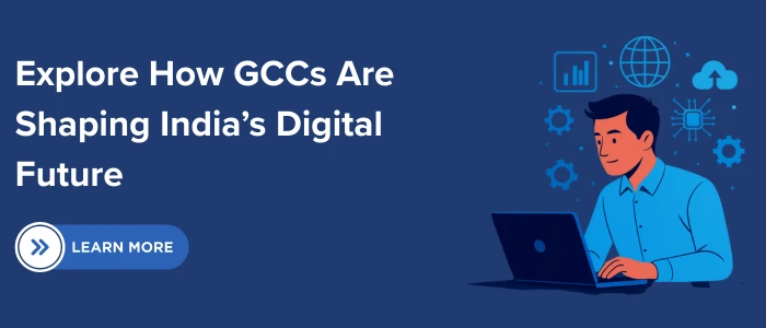 A modern business-themed banner showing professionals collaborating on digital solutions, symbolizing how Global Capability Centers (GCCs) in India are driving innovation, AI adoption, and digital transformation. The image promotes exploring India’s GCC ecosystem