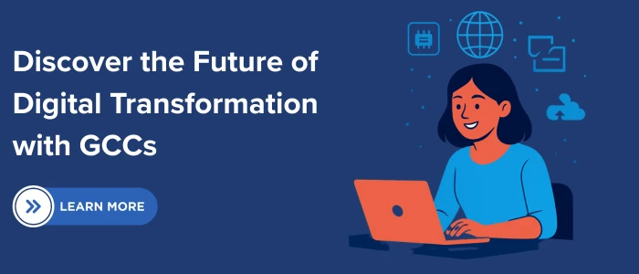 A futuristic digital transformation concept image featuring India’s skyline connected with glowing data lines and technology icons, representing the rise of Global Capability Centers (GCCs) powering enterprise innovation and transformation.