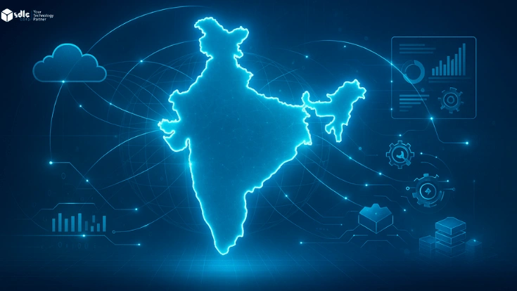 Glowing digital map of India surrounded by AI networks and cloud connections representing GCC transformation capabilities.