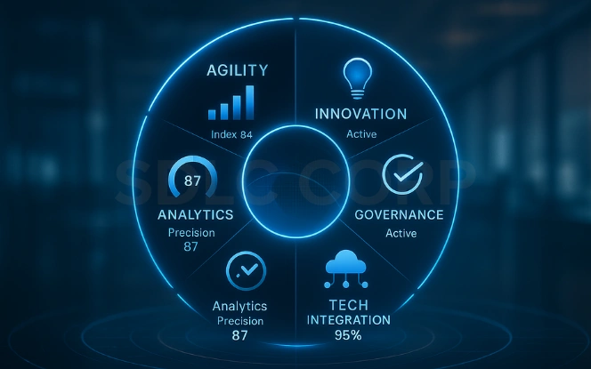 GCC Transformation Capabilities India Framework Five key GCC transformation capabilities including agility, analytics, governance, innovation, and technology integration.