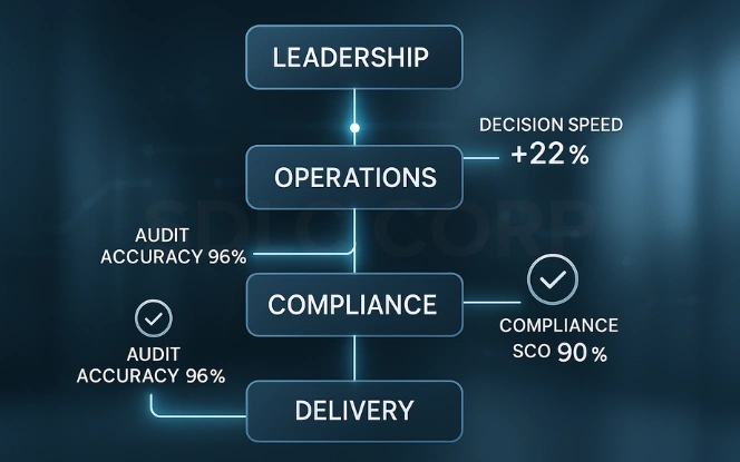 Organizational Structure and Governance Global Capability Center India governance structure visual showing leadership, operations, compliance, and delivery framework.