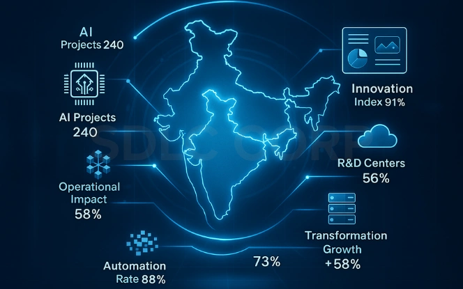 The Strategic Evolution of Indian GCCs Strategic evolution of Indian GCCs highlighting innovation growth, R&D centers, and operational excellence metrics.