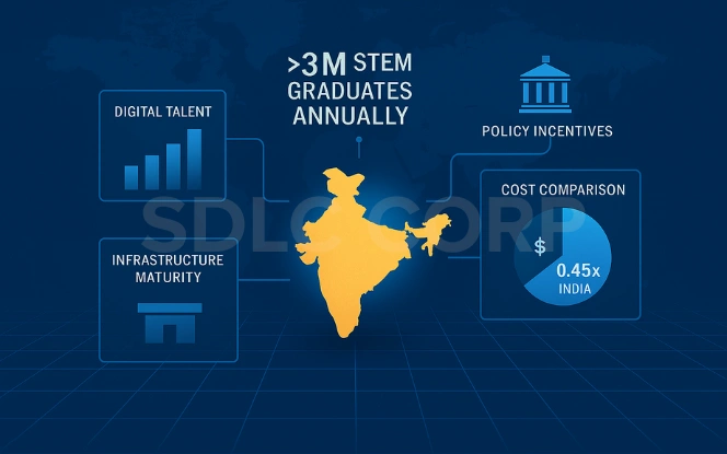 Infographic showing India as the center of digital growth with visuals highlighting over 3 million STEM graduates annually, strong digital talent, infrastructure maturity, government policy incentives, and a cost advantage of 0.45x compared to the U.S. — representing India’s leadership in the Global Capability Centers (GCC) ecosystem.