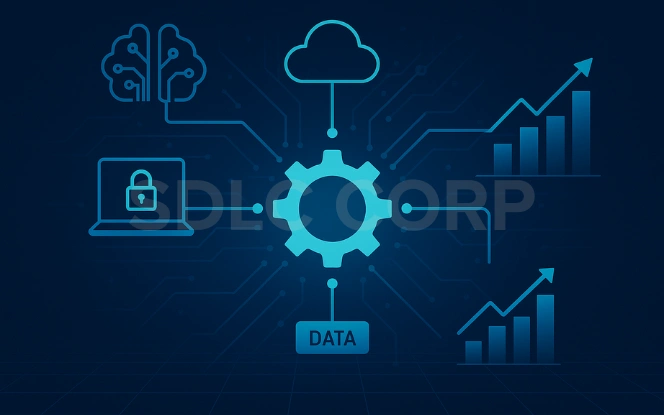 Digital infographic showing data integration and innovation through Global Capability Centers (GCCs), featuring icons for AI, cloud computing, cybersecurity, and data analytics connected around a central gear labeled “Data,” symbolizing automation, digital transformation, and business growth
