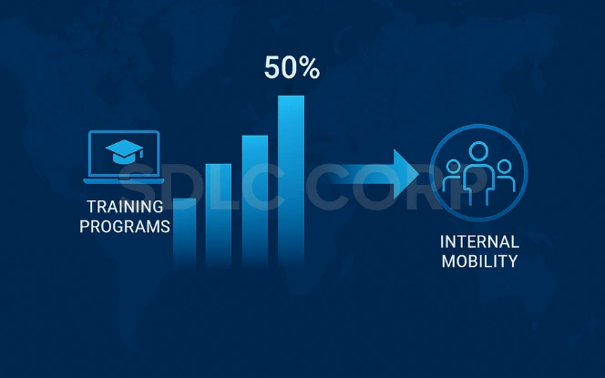 Infographic illustrating workforce development in Global Capability Centers (GCCs), showing training programs leading to a 50% improvement in internal mobility, represented by a bar graph and icons for employee growth and skill enhancement.