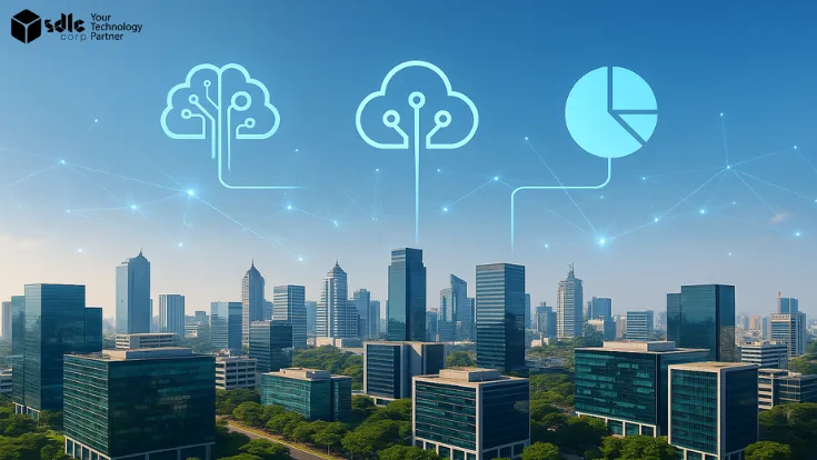 Modern skyline of an Indian IT city with digital icons representing AI, cloud computing, and data analytics connected by glowing network lines — symbolizing India’s rise as a global technology hub and the growth of Global Capability Centers (GCCs).