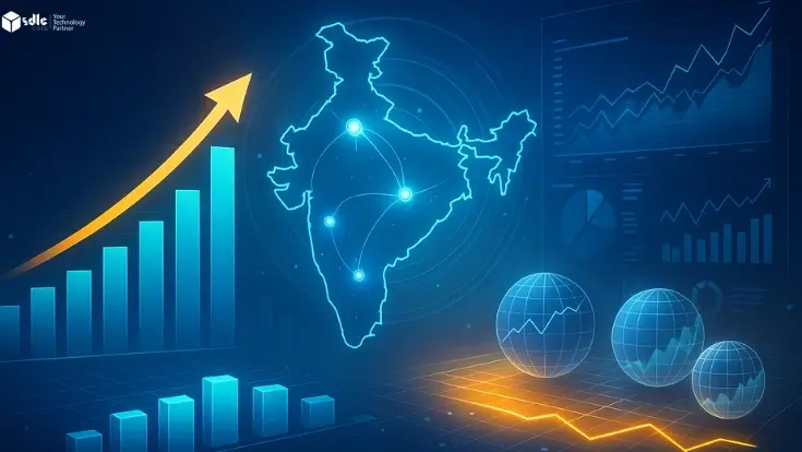 India’s top GCC hubs connected through glowing data networks showing innovation and revenue growth in 2025