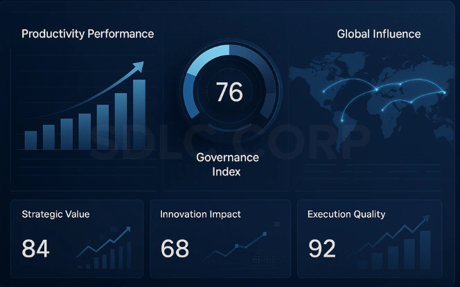 GCC leadership dashboard with productivity bar, governance KPI gauge, and global influence map.