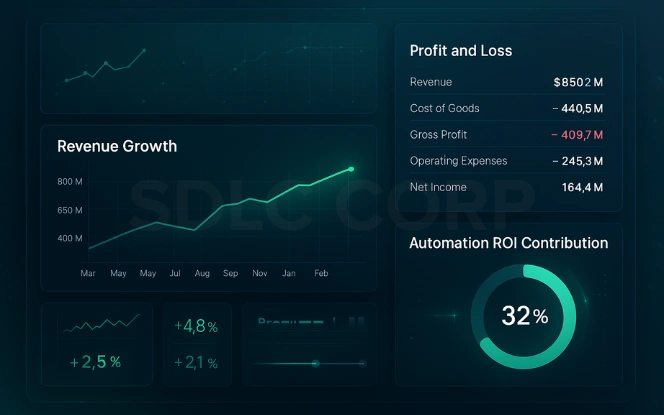 GCC financial dashboard with revenue trend line, profit–loss table, and automation ROI donut.