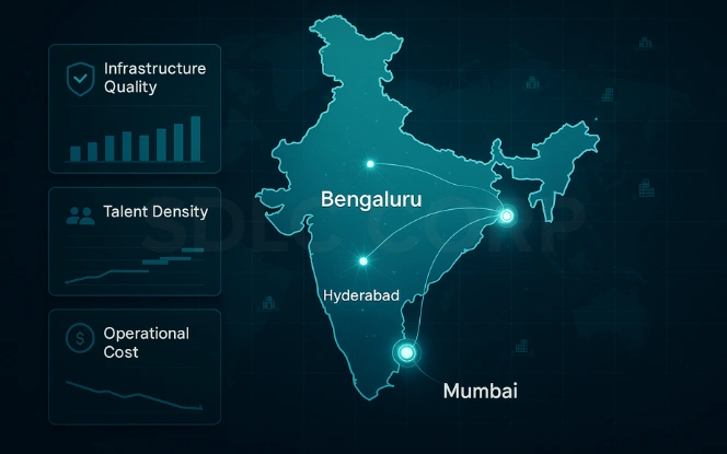 India GCC hubs map highlighting Bengaluru, Hyderabad, and Mumbai with regional metric panels.