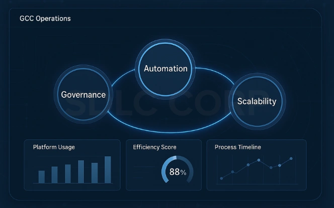 GCC operating model workflow linking governance, automation, and scalability with efficiency panels.