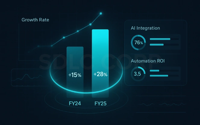 FY24 vs FY25 growth dashboard with trend line and AI and automation ROI meters.