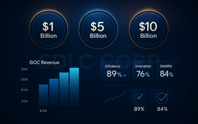 Billion dollar GCC performance dashboard with milestone dials and stacked revenue bars.