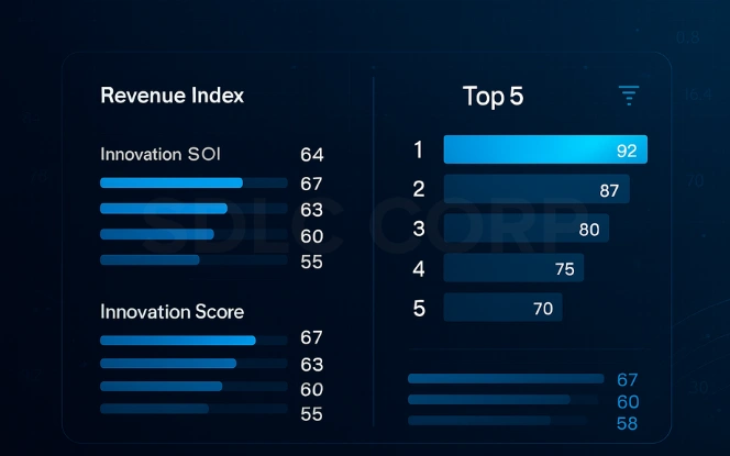 GCC ranking leaderboard with score bars and comparative revenue and innovation index charts.