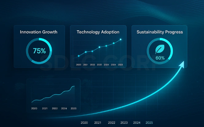 GCC outlook dashboard with innovation growth, technology adoption, and sustainability progress from 2020 to 2025.