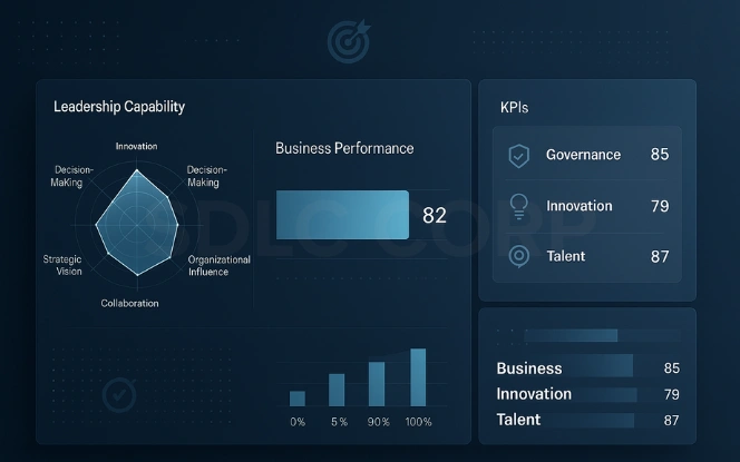 Executive GCC strategy snapshot with leadership radar chart, performance bars, and KPI scorecard.