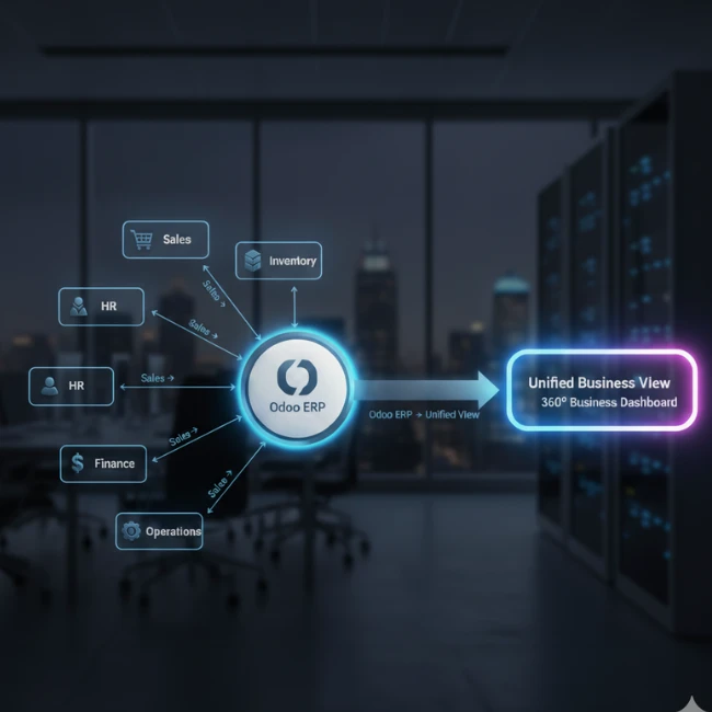  Odoo ERP system visual showing integration of HR, Sales, Finance, Inventory, and Operations modules into a unified 360-degree business dashboard.
.
