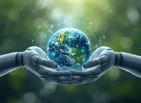 A professional man stands before a humanoid robot while digital panels show data and the text “AI Consulting & Audits.