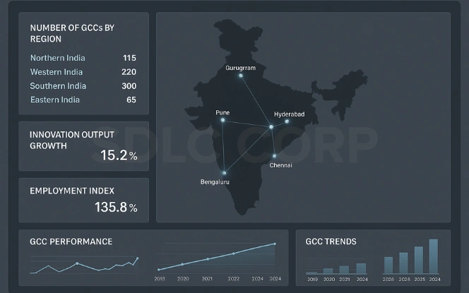 India GCC Expansion Dashboard India GCC growth dashboard showing connected city data for Bengaluru, Hyderabad, Pune, Chennai, and Gurugram.
