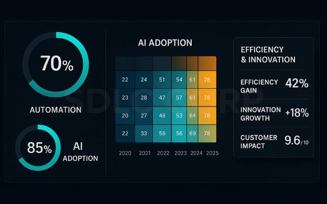 GCC Business Transformation Dashboard Business transformation dashboard displaying automation, AI adoption, and innovation performance data.