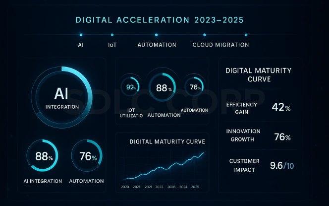 GCC Innovation and Acceleration Dashboard Digital innovation dashboard showing AI integration, IoT utilization, and automation progress metrics.