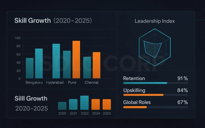 GCC Talent and Leadership Analytics Dashboard HR analytics dashboard visualizing skill growth, leadership index, and workforce development metrics.