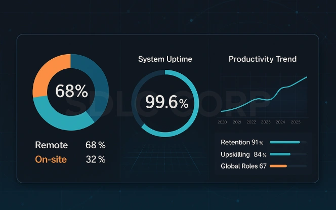 Future of Work GCC Dashboard Hybrid work analytics dashboard showing remote ratio, uptime, and productivity trends for GCCs.