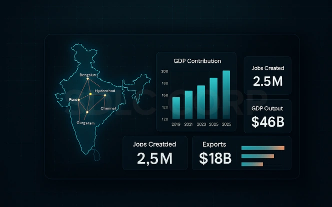 GCC Economic Impact Dashboard Economic analytics dashboard displaying India GCC GDP, job creation, and export performance data.