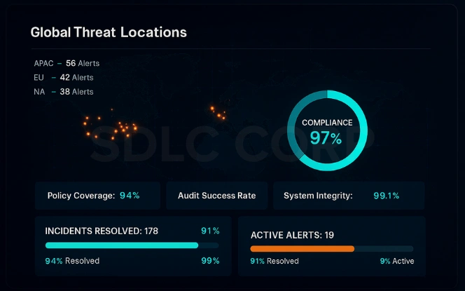 GCC Risk and Control Dashboard Cybersecurity dashboard visualizing compliance status, threat alerts, and incident resolution metrics.