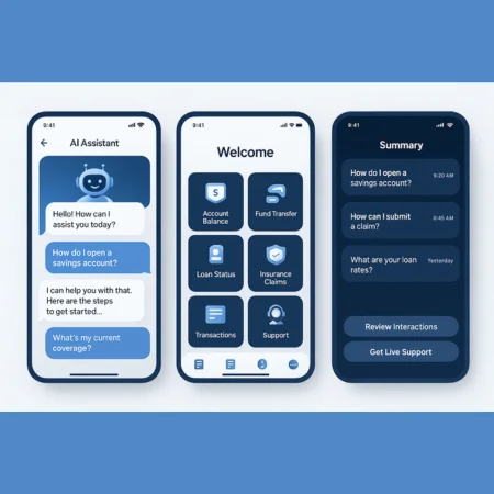 Banking app interface showing AI assistant, dashboard, and summary screens.