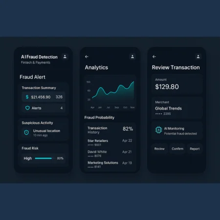 Dark-themed fintech app UI with fraud detection, analytics, and transaction review.