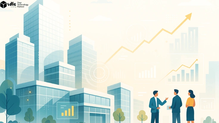 A futuristic digital network illustration showing data grids, holographic dashboards, and glowing connections symbolizing Global Capability Centers driving India’s business transformation.
