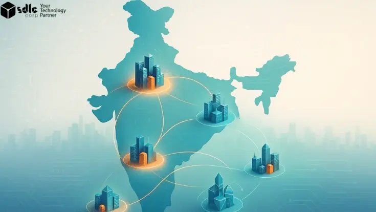 A detailed digital illustration showing India’s map with six connected cities — Bengaluru, Hyderabad, Mumbai, Chennai, Pune, and Gurugram — symbolizing India’s rise as the Global Capability Center Capital.