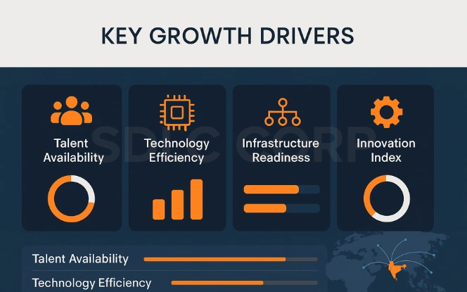 Key Growth Drivers Behind the Rise Dashboard GCC growth drivers dashboard with four panels for Talent, Technology, Infrastructure, and Innovation.