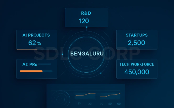 Bengaluru Innovation and Technology Leader Dashboard Innovation dashboard for Bengaluru with central hub and segments for AI Projects, R&D, Startups, and Tech Workforce.
