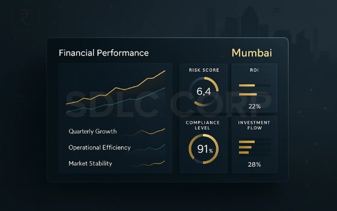 Mumbai Financial and Business Nerve Center Dashboard Financial governance dashboard for Mumbai with growth line chart and KPIs for Risk, ROI, Compliance, and Investment Flow.