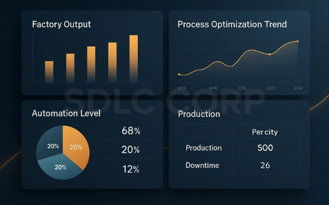 Chennai Engineering and Industrial Edge Dashboard Engineering efficiency dashboard for Chennai with factory output, process trends, automation level, and production versus downtime.