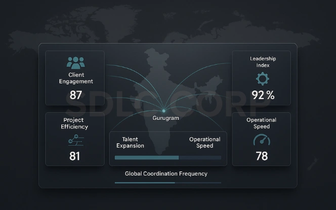 Gurugram Corporate Operations Hub Dashboard Corporate operations dashboard for Gurugram with global map links and KPIs for Client Engagement, Project Efficiency, Leadership, and Operational Speed.