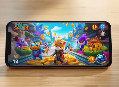 Smartphone on a wooden table displaying a colorful mobile game with cartoon characters, coins, and a fantasy-themed city background.