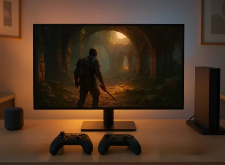 Gaming setup featuring a monitor showing an adventurer exploring ancient ruins, with two controllers and a console on the desk under warm lighting.