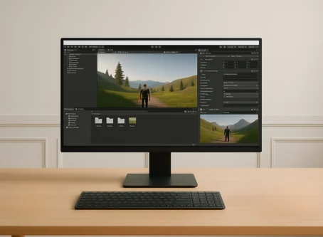 Computer monitor displaying a 3D game development environment with a character in a grassy landscape, keyboard placed neatly on a wooden desk.