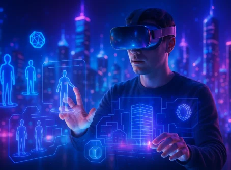 Person wearing a VR headset interacting with holographic virtual elements, surrounded by futuristic glowing graphics in a cityscape background