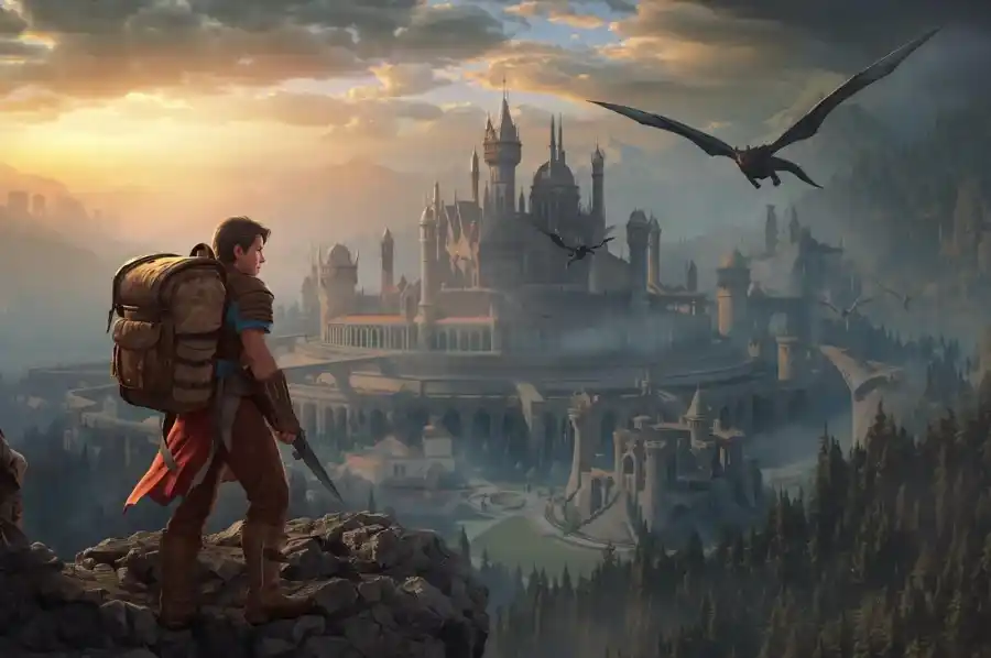Fantasy adventurer standing on a cliff overlooking a grand medieval castle with dragons flying above the valley at sunset.