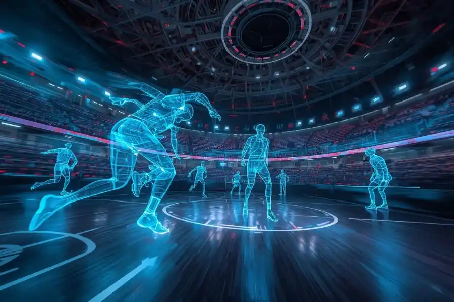 Futuristic basketball game featuring holographic players on a digital court inside a glowing high-tech arena.