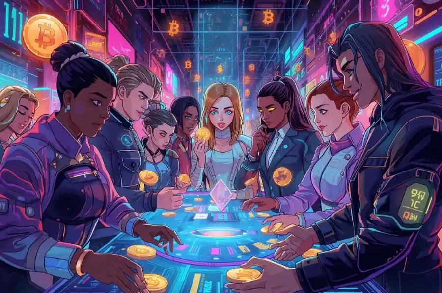 Diverse group of people interacting around a futuristic table with glowing cryptocurrency symbols like Bitcoin and Ethereum.